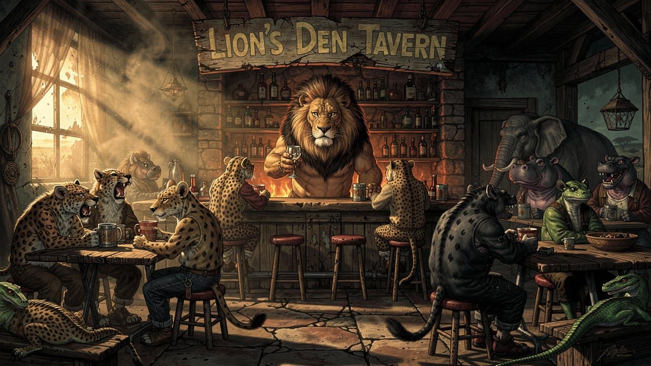 African Wildlife Bar Scene in Adventure Art Style