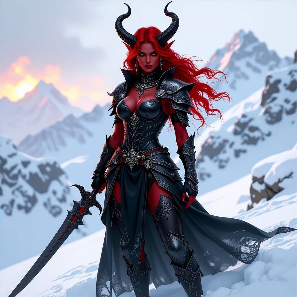 Tiefling Warrior on Snowy Peak in Dark Fantasy Style