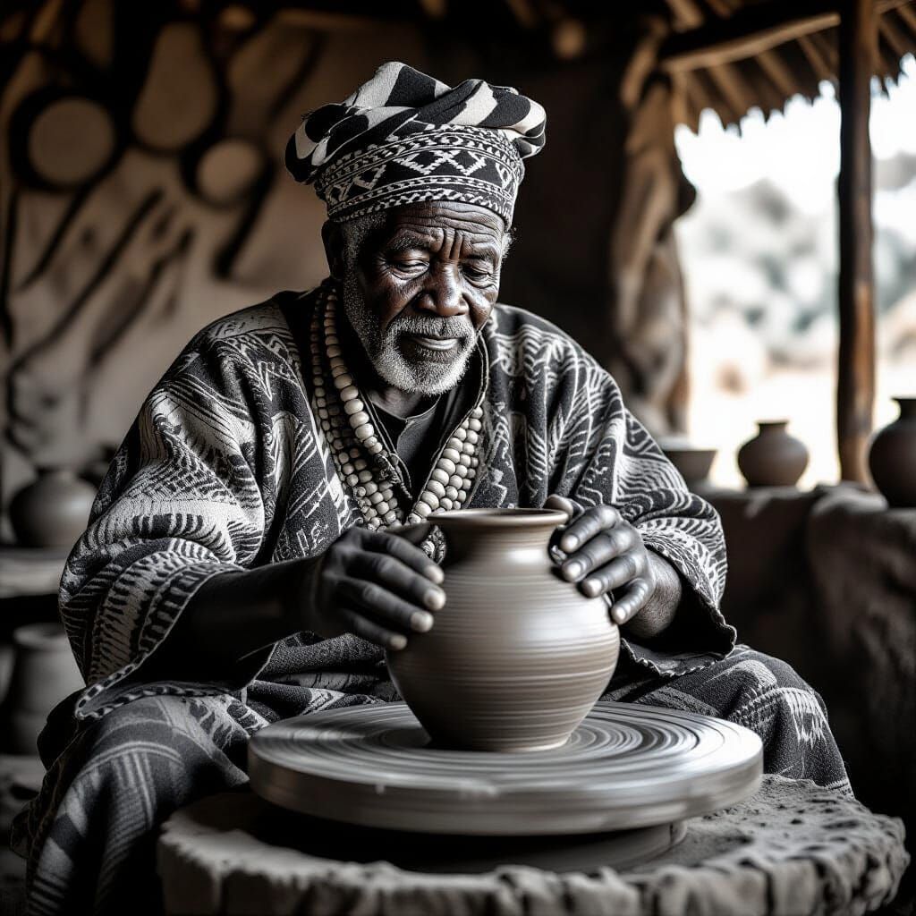 Zulu Potter Creates Jug in Black and White Photography Style