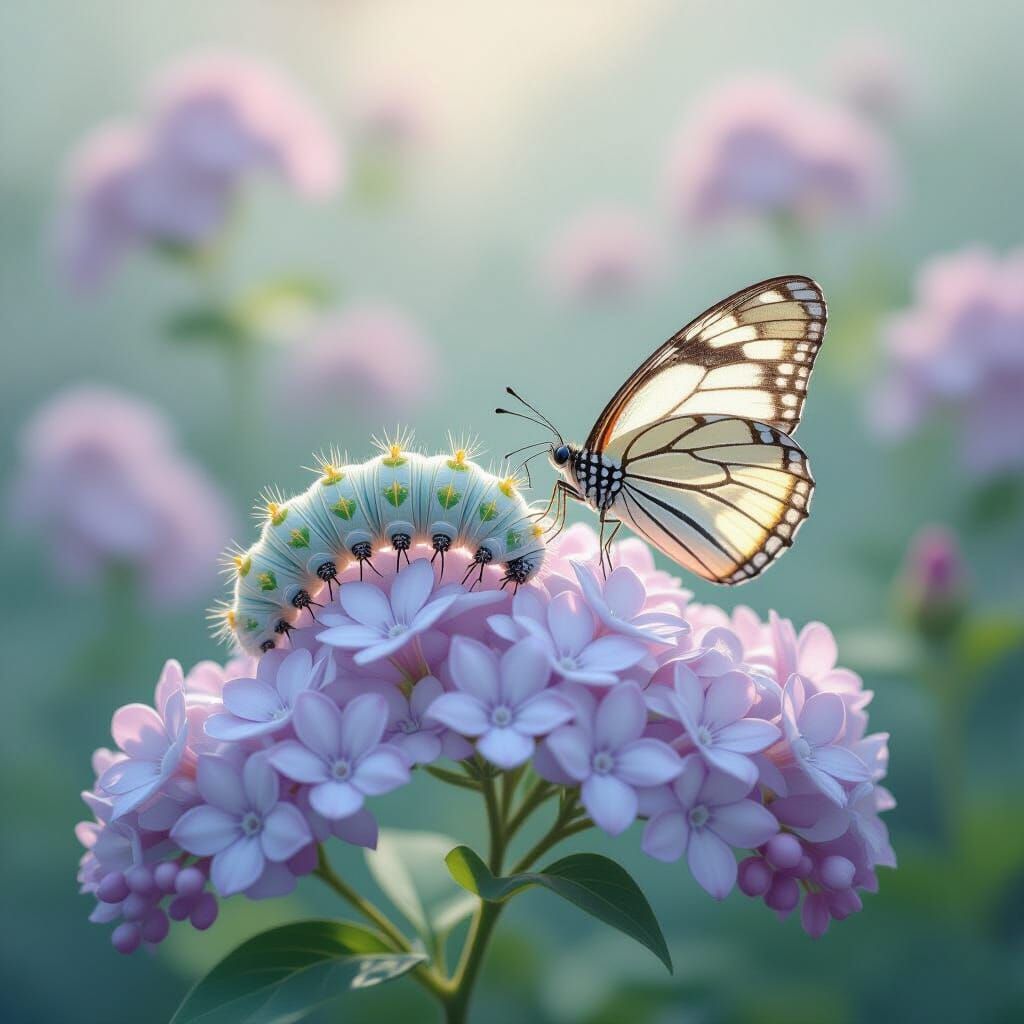 A captivating scene featuring delicate caterpillars and tran...