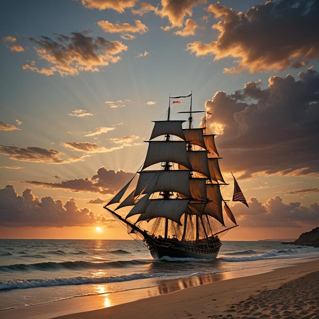 Sailing Ship at Sunset with Mermaid