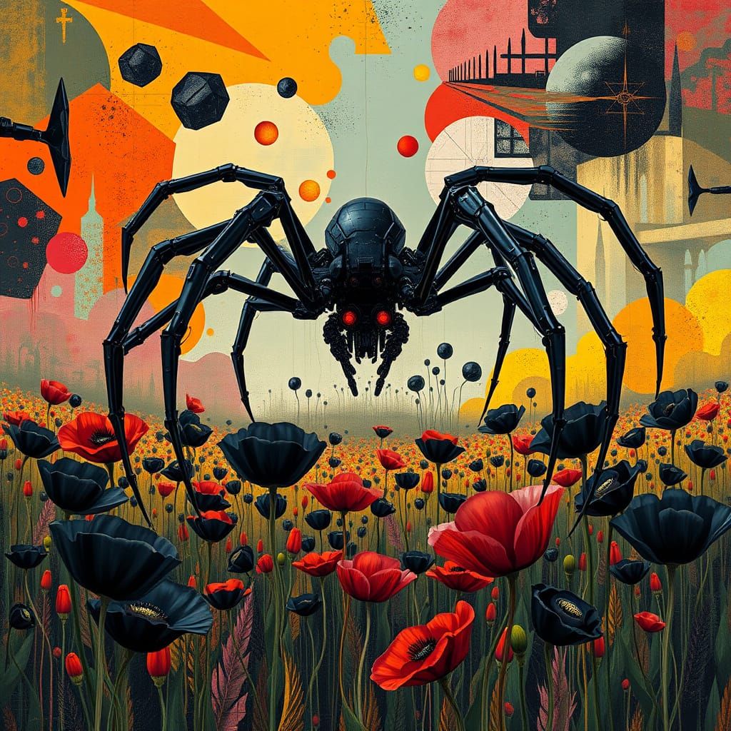 Surreal Spider Robot in Abstract Landscape