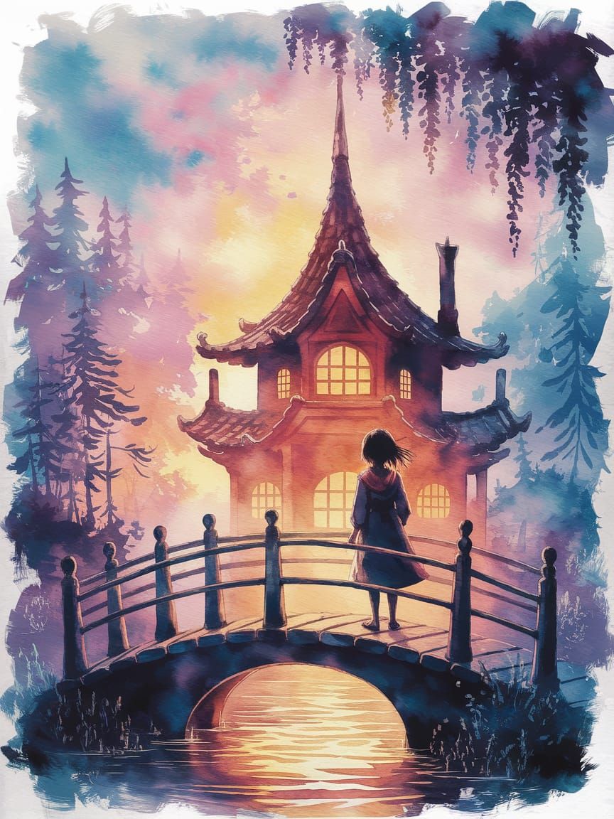Chihiro on Enchanting Bridge in Watercolor Style