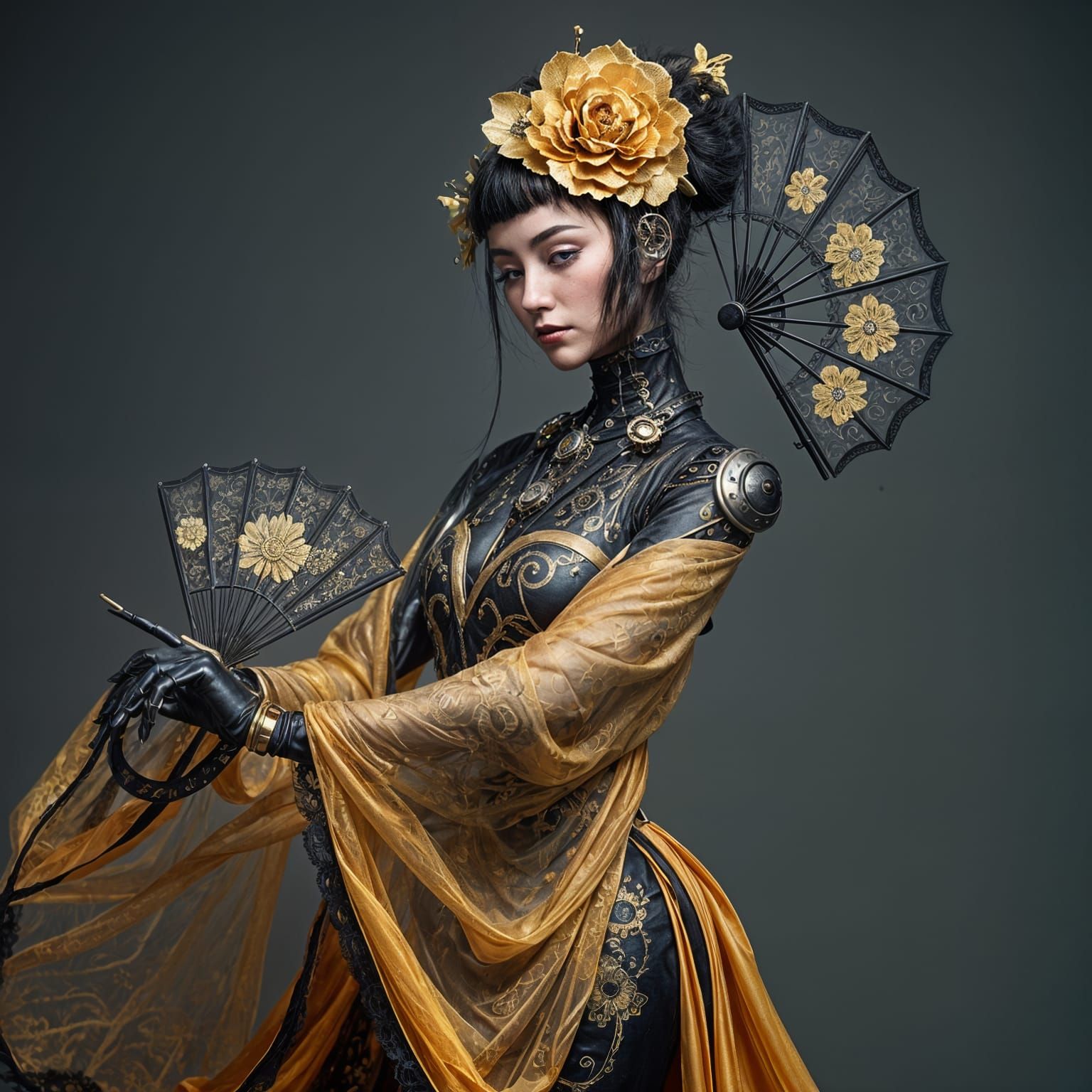 Steampunk Cyborg Geisha Performing Fan Dance
