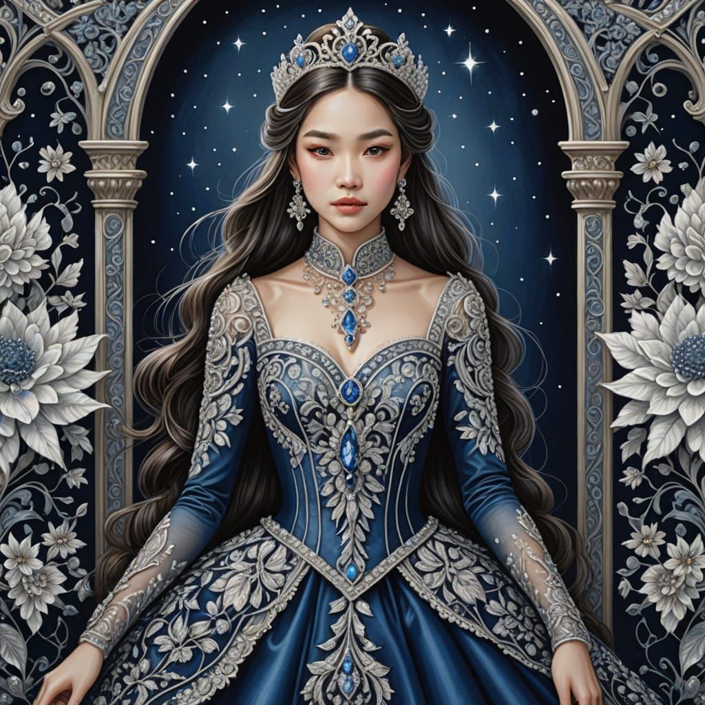 Baroque Princess in Sapphire Velvet Gown