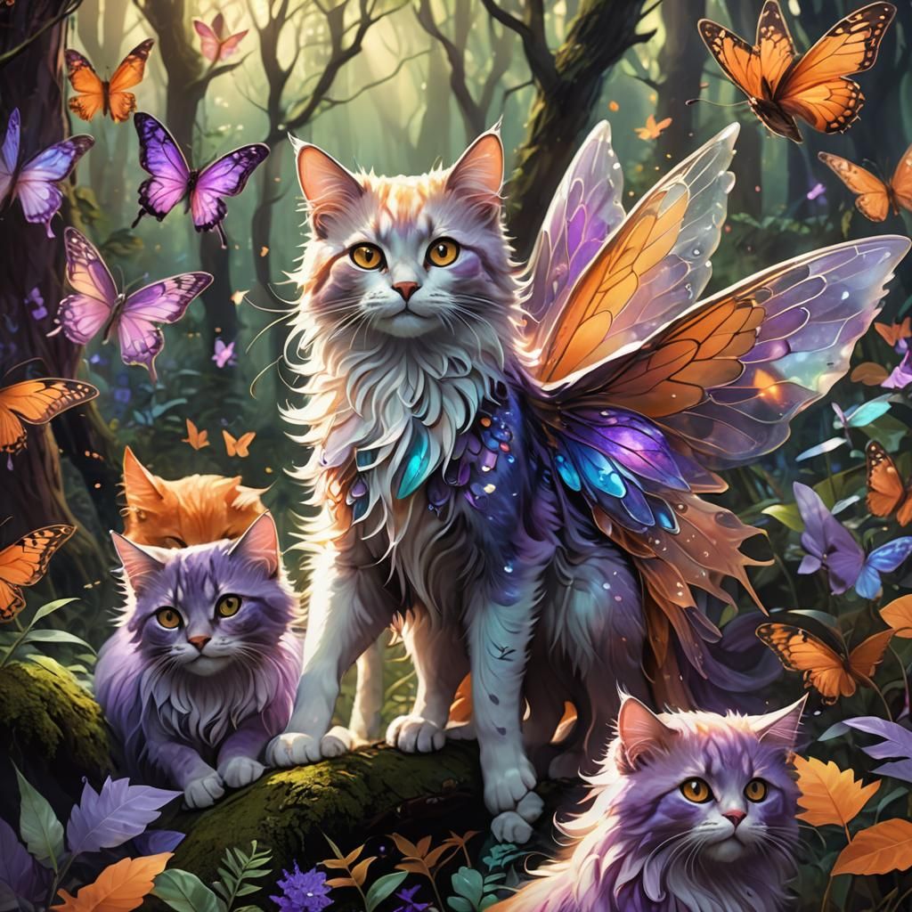 Fairy Cats in Whimsical Forest: Fantasy Art