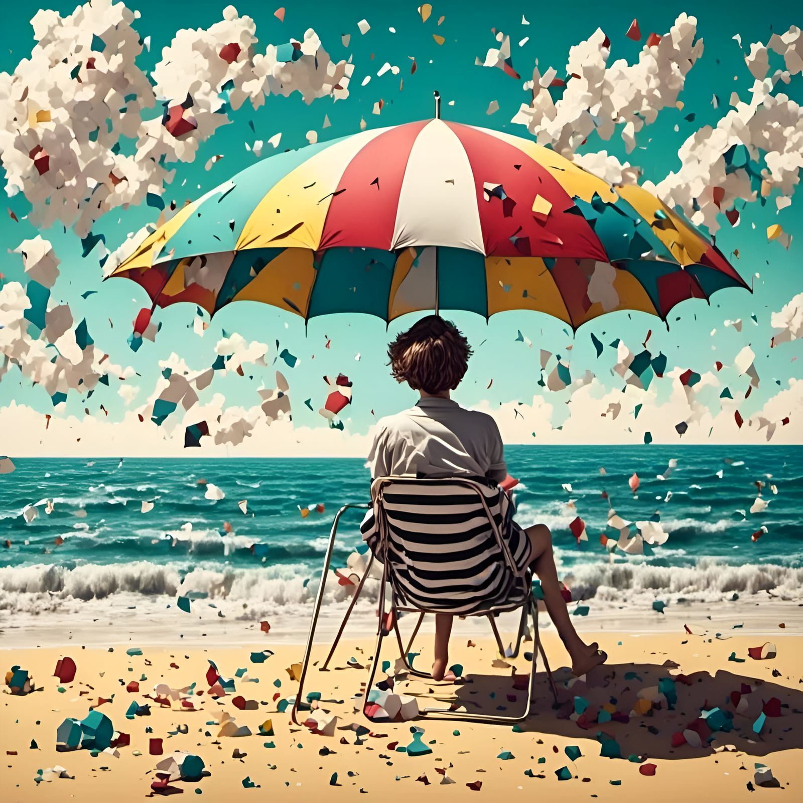 Surreal Beach Scene in Vintage Postcard Style
