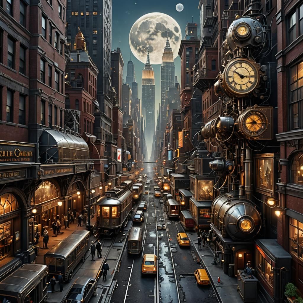 A futuristic steampunk NYC with moonscape