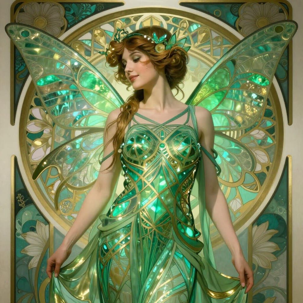 Art Deco Green Fairy with Geometric Patterns