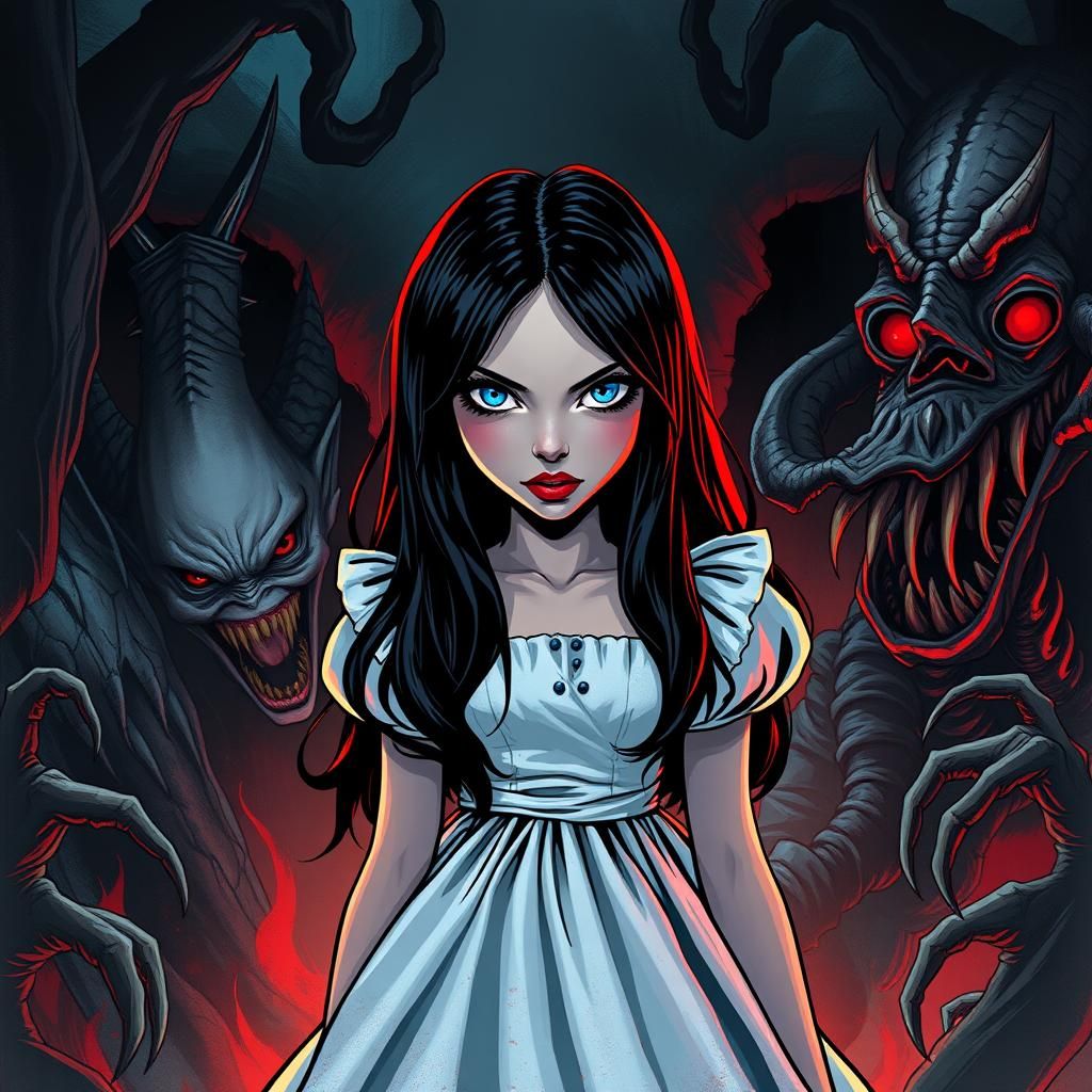 Alice in wonderland, alice, black hair, bright blue eyes, da...