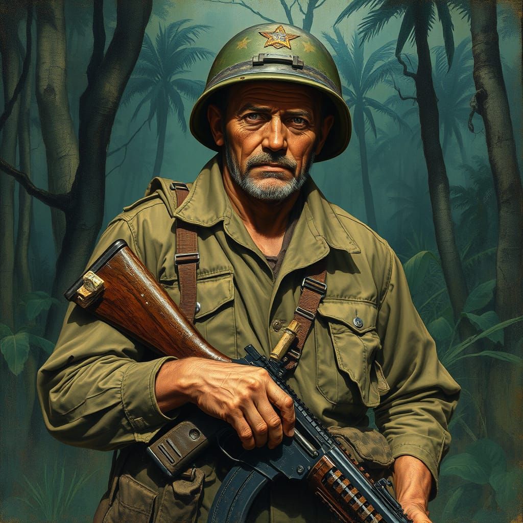 Vietnam Soldier in Rainforest, Dark Realism Style