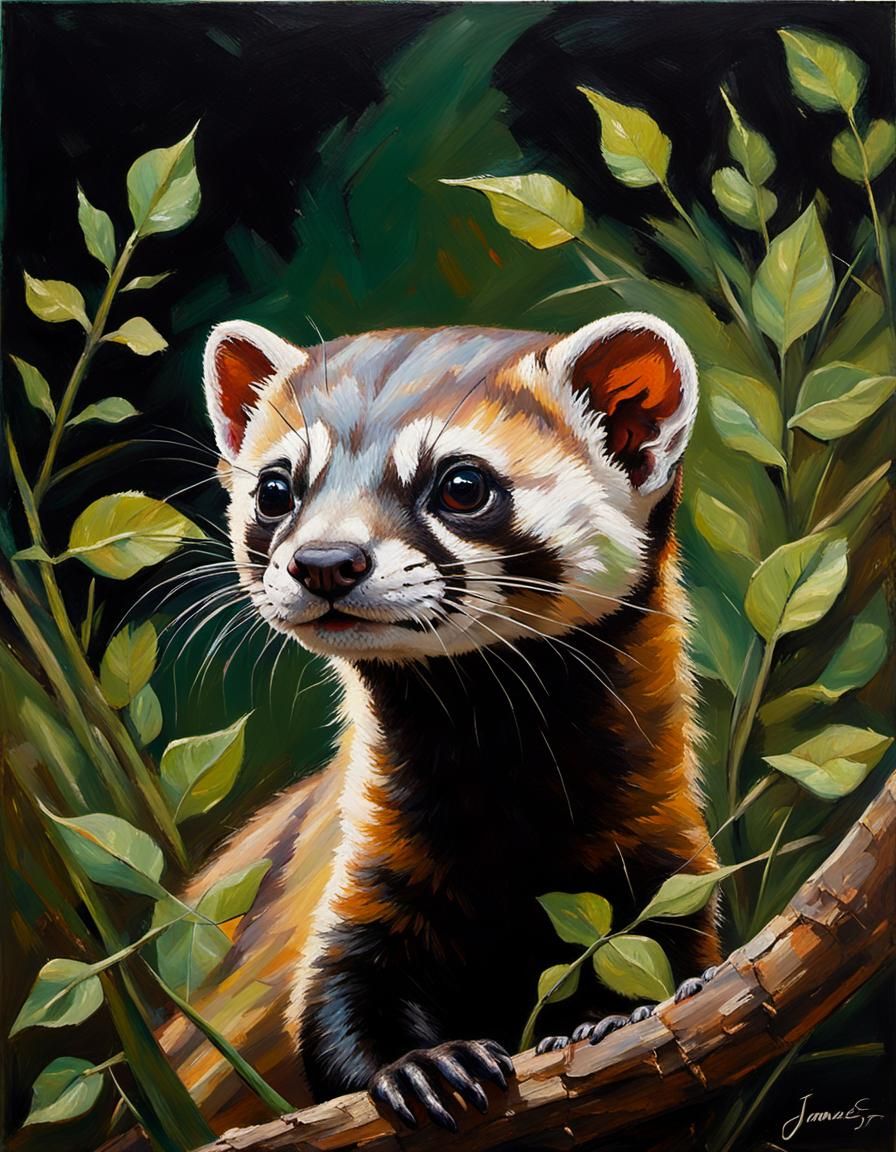 Black-Footed Ferret Portrait as Impasto Oil Painting
