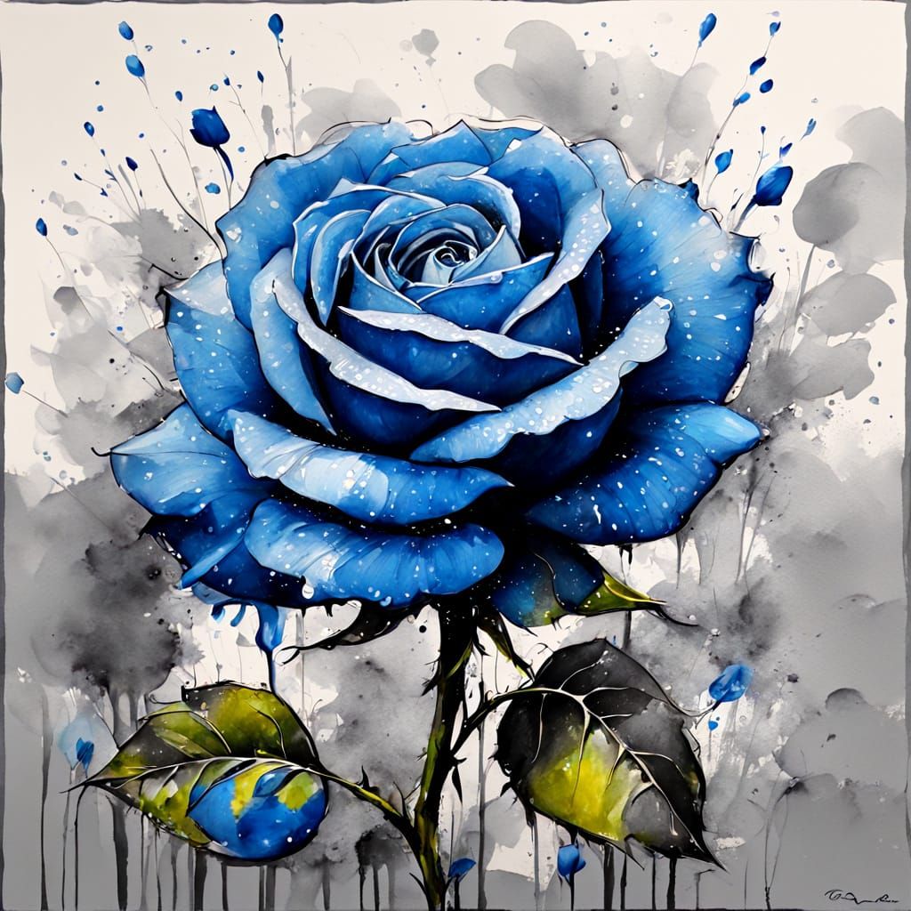Vivid Blue Rose Stands Out in Monochrome Field, Water Ink St...