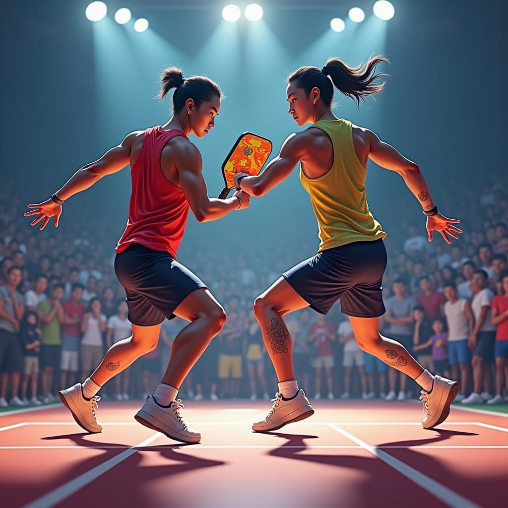 Intense Futuristic Pickleball Match in High-Tech Arena