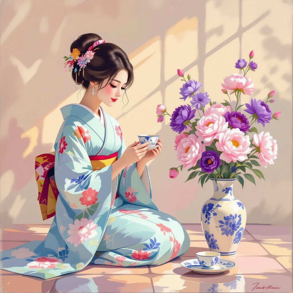 Woman in Blue Kimono with Teacup, Impressionistic Style