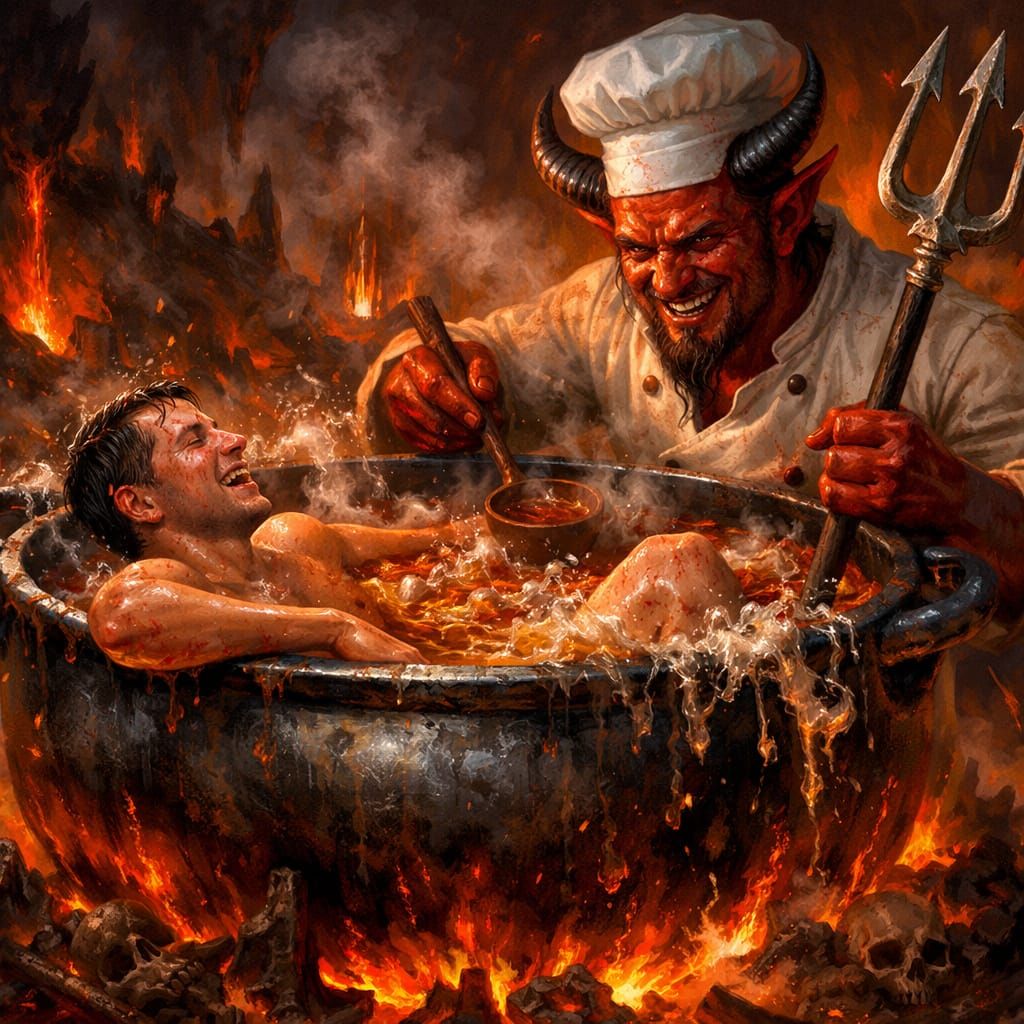 Hellish Scene: Devil Cooks in Boiling Pot