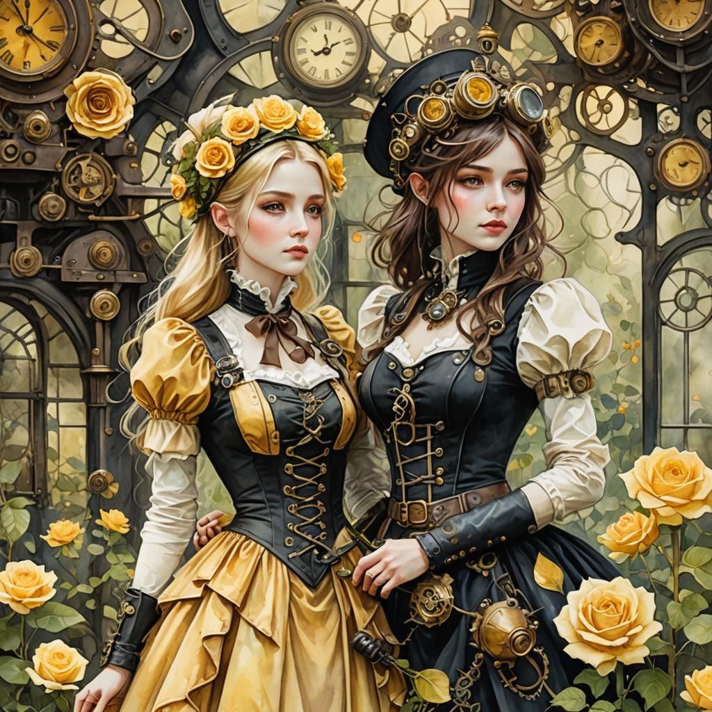 Steampunk Elf in Secret Rose Garden Watercolor