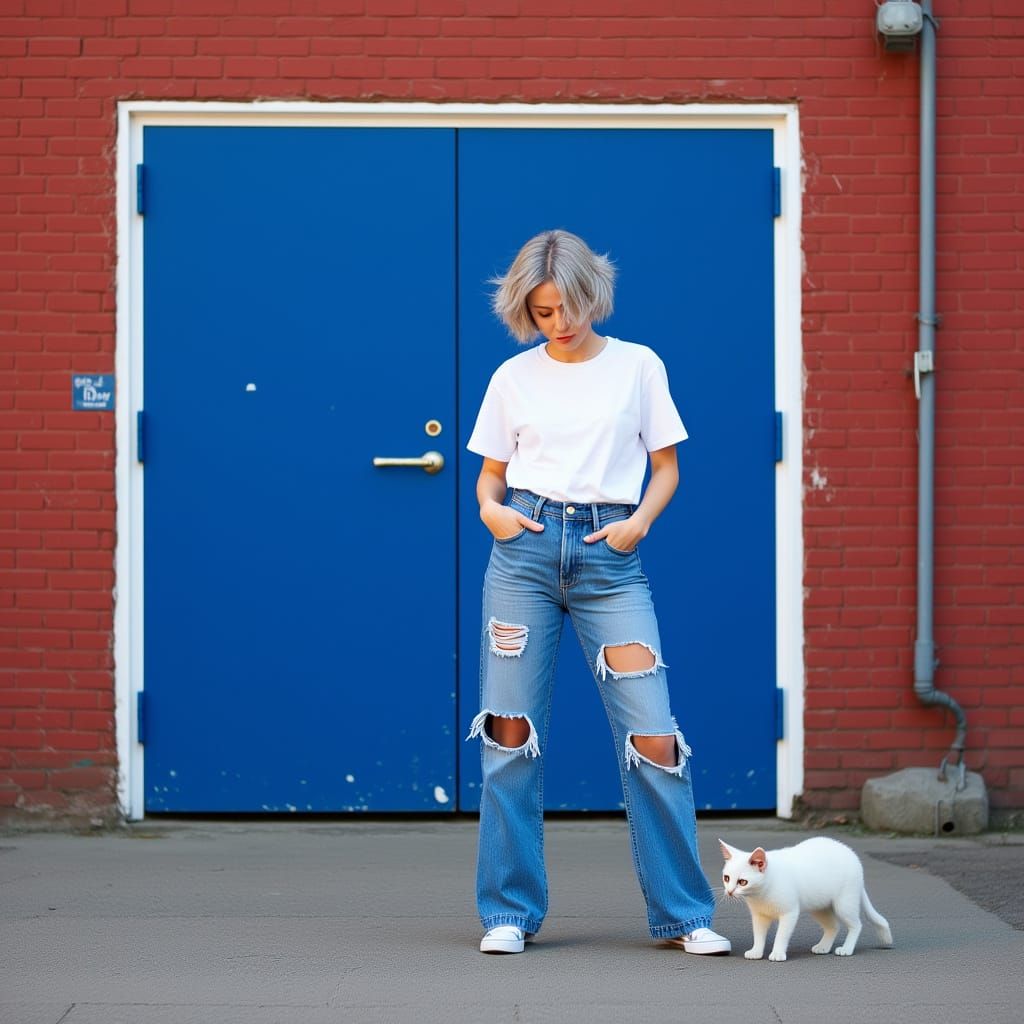 Woman and White Cat in Front of Red Brick Building