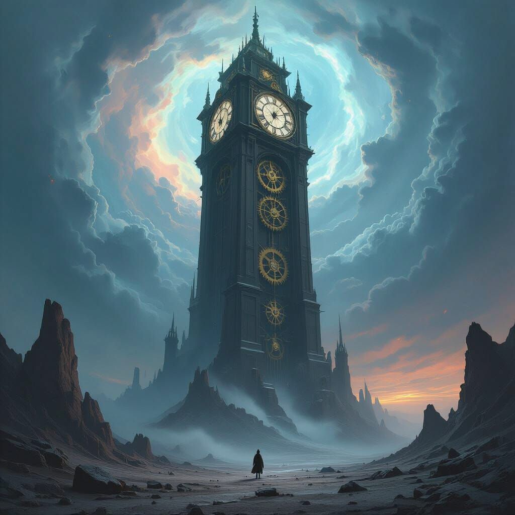 Colossal Clock Tower in Nebula Sky with Fractured Landscape