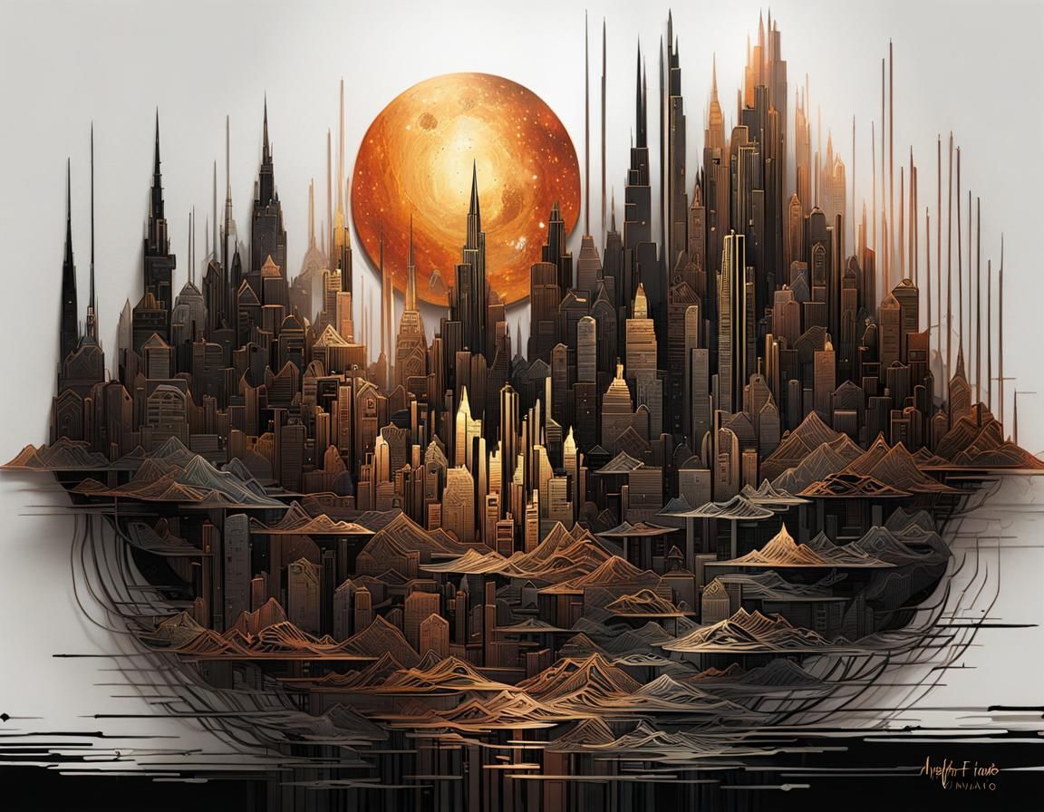 Metallic Cityscape Sculpture in Dark Fantasy Style