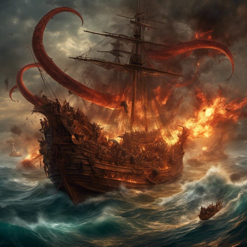 Trireme Battle Against Kraken with Greek Fire