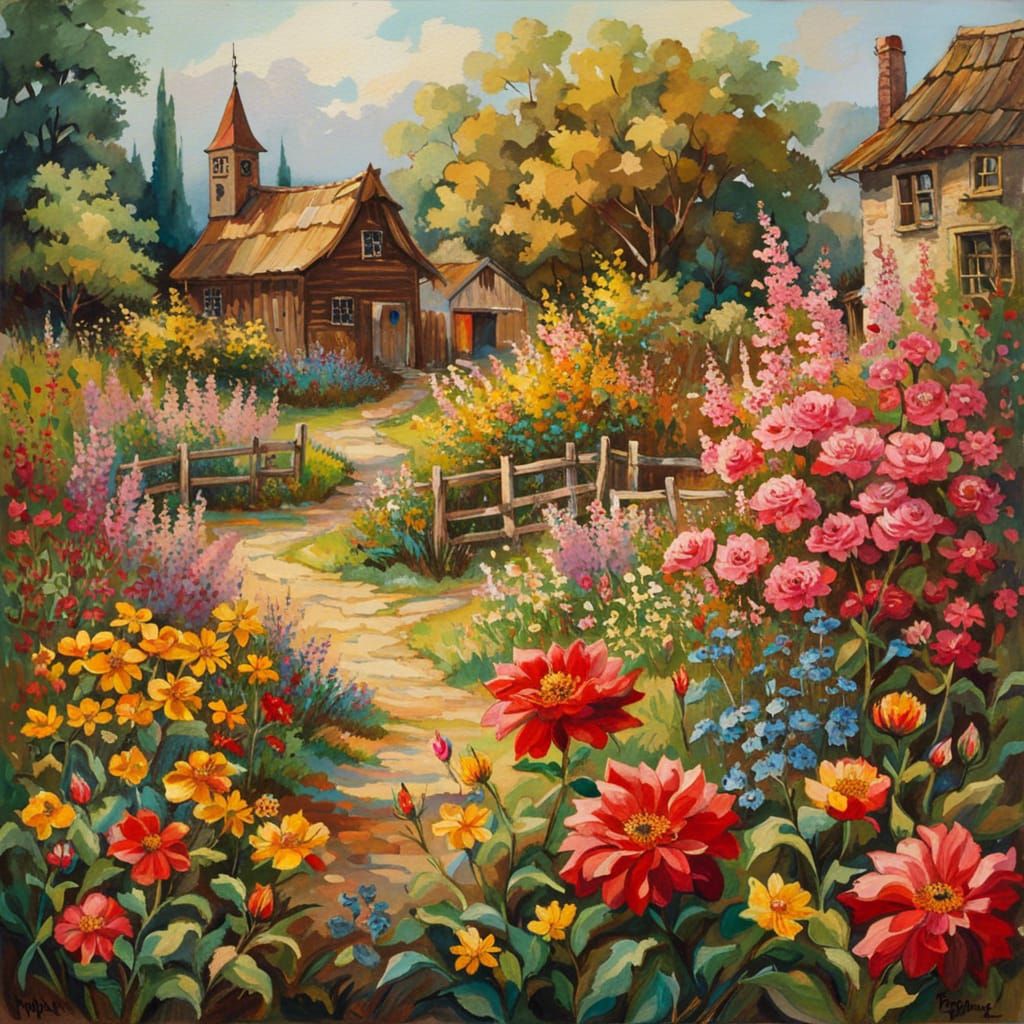 Windmill Garden with Roses, Northern Renaissance Style