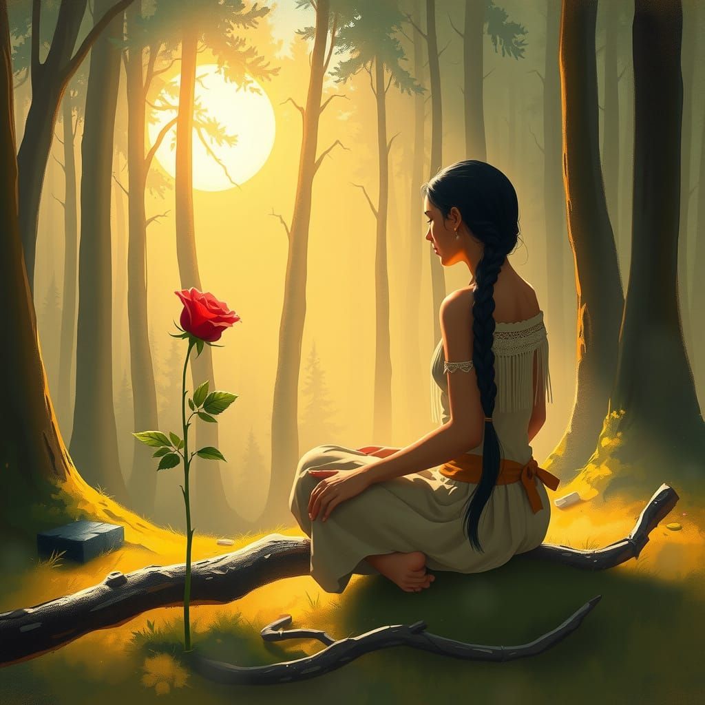 Native American Woman Gazes at Red Rose in Forest