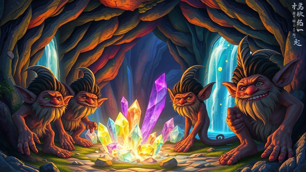 Trolls Guarding Crystal Cave in Surreal Landscape