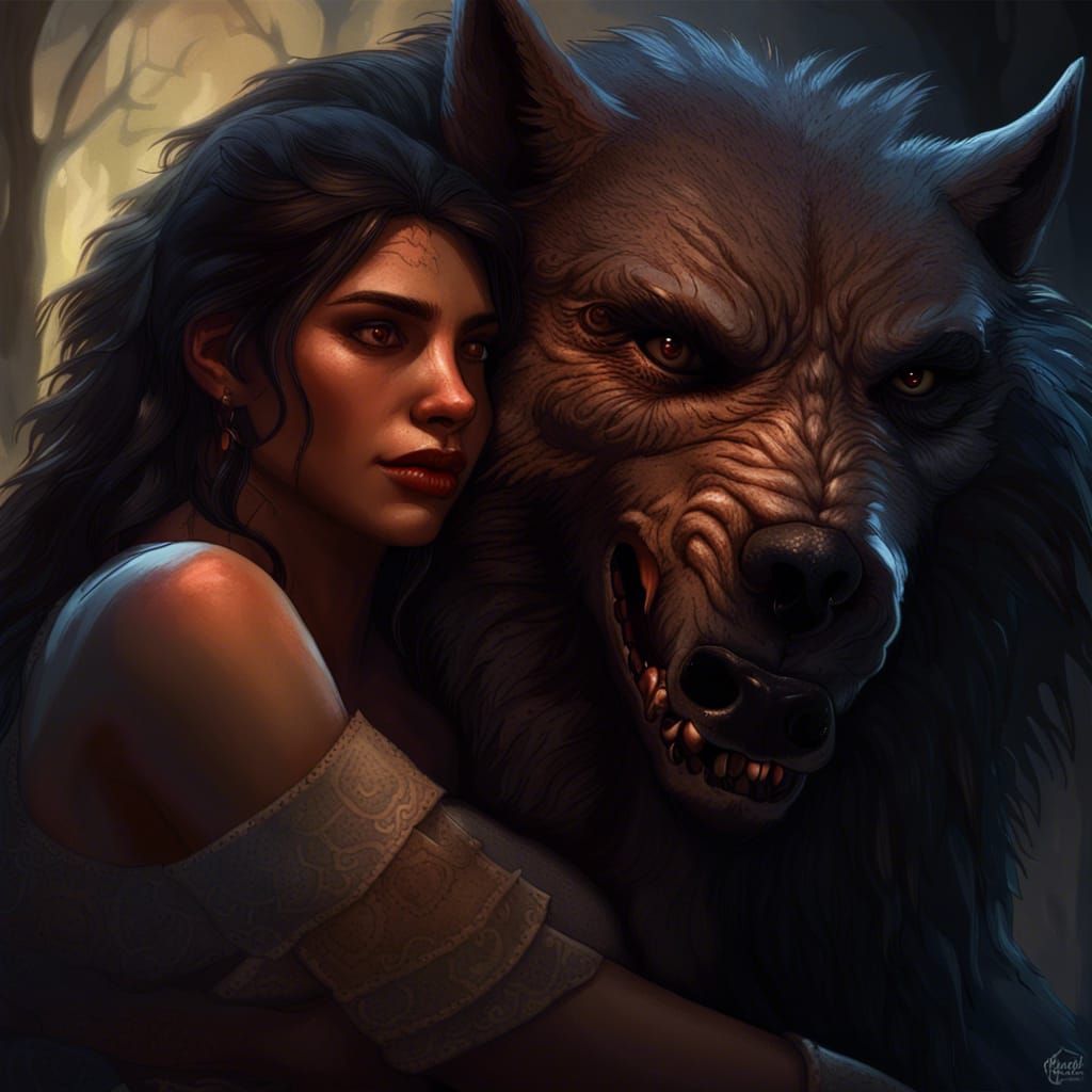 Woman and Werewolf Cuddle in Dark Fantasy Art