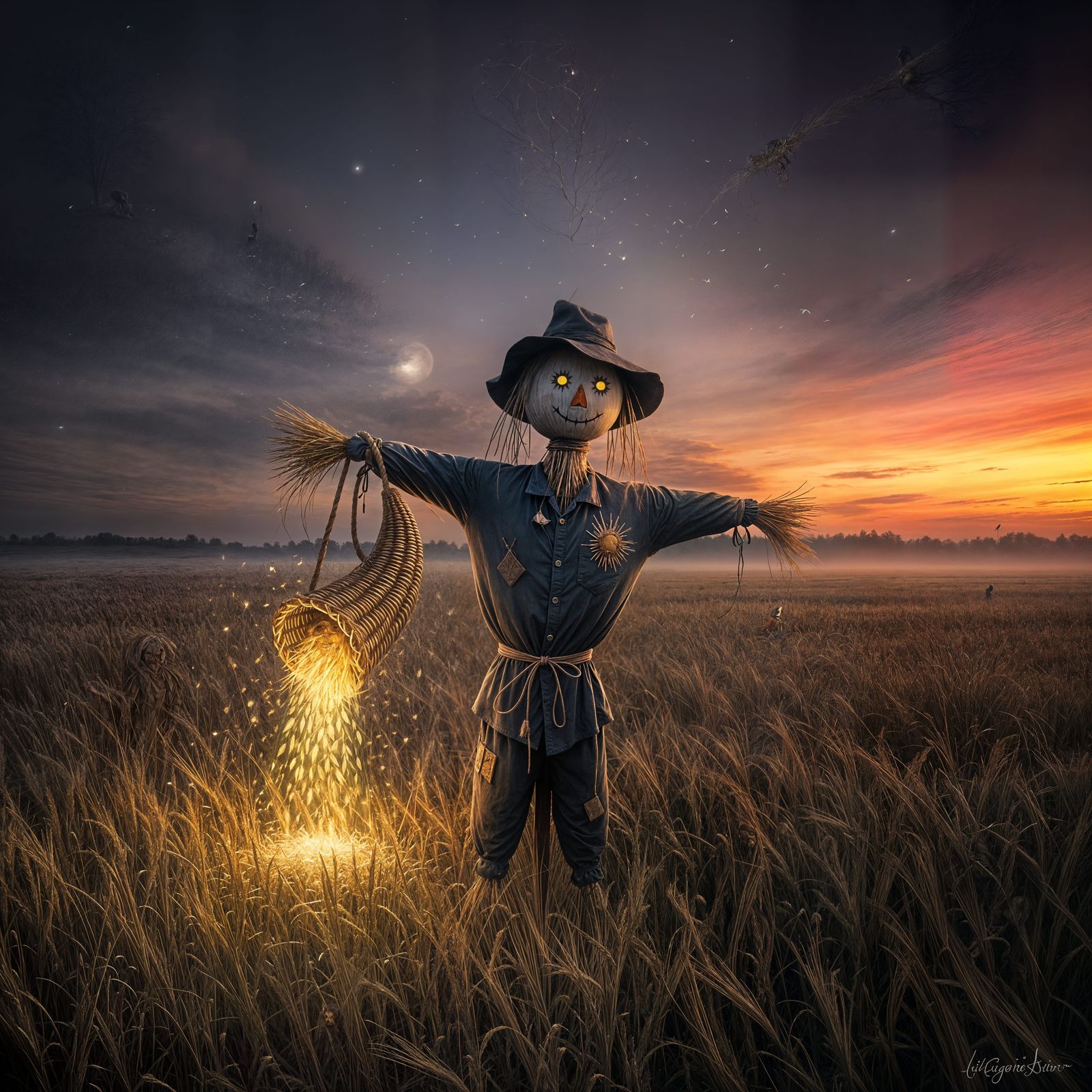 Ethereal Scarecrow Guarding Glowing Grains at Dusk