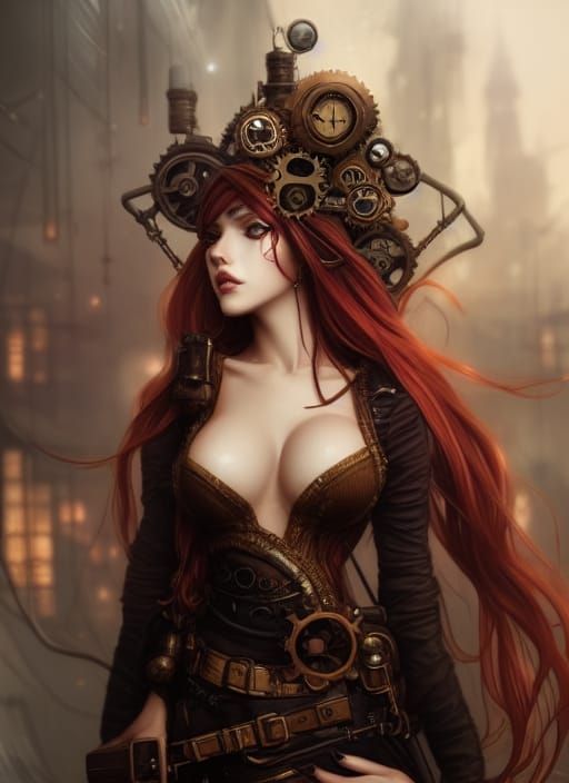 Steampunk Goddess with Crimson Hair in Artgerm Style