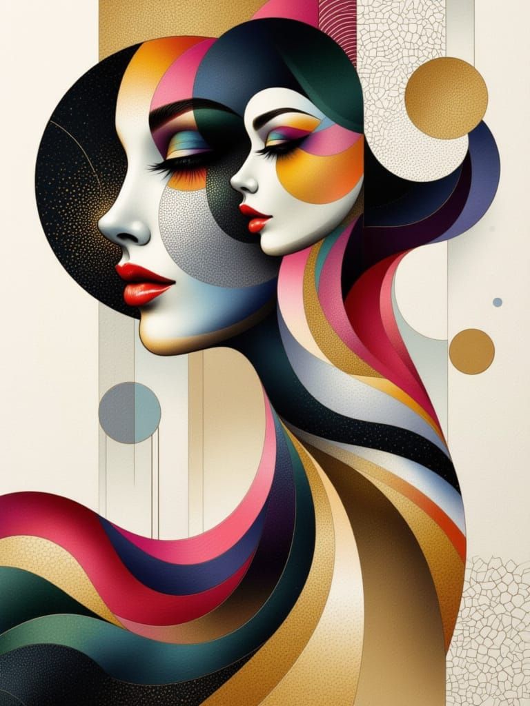 Geometric Portrait of Woman in Cubist Style