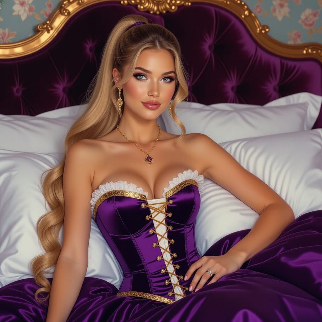 Blonde Woman in Purple Corset, Art Nouveau Style