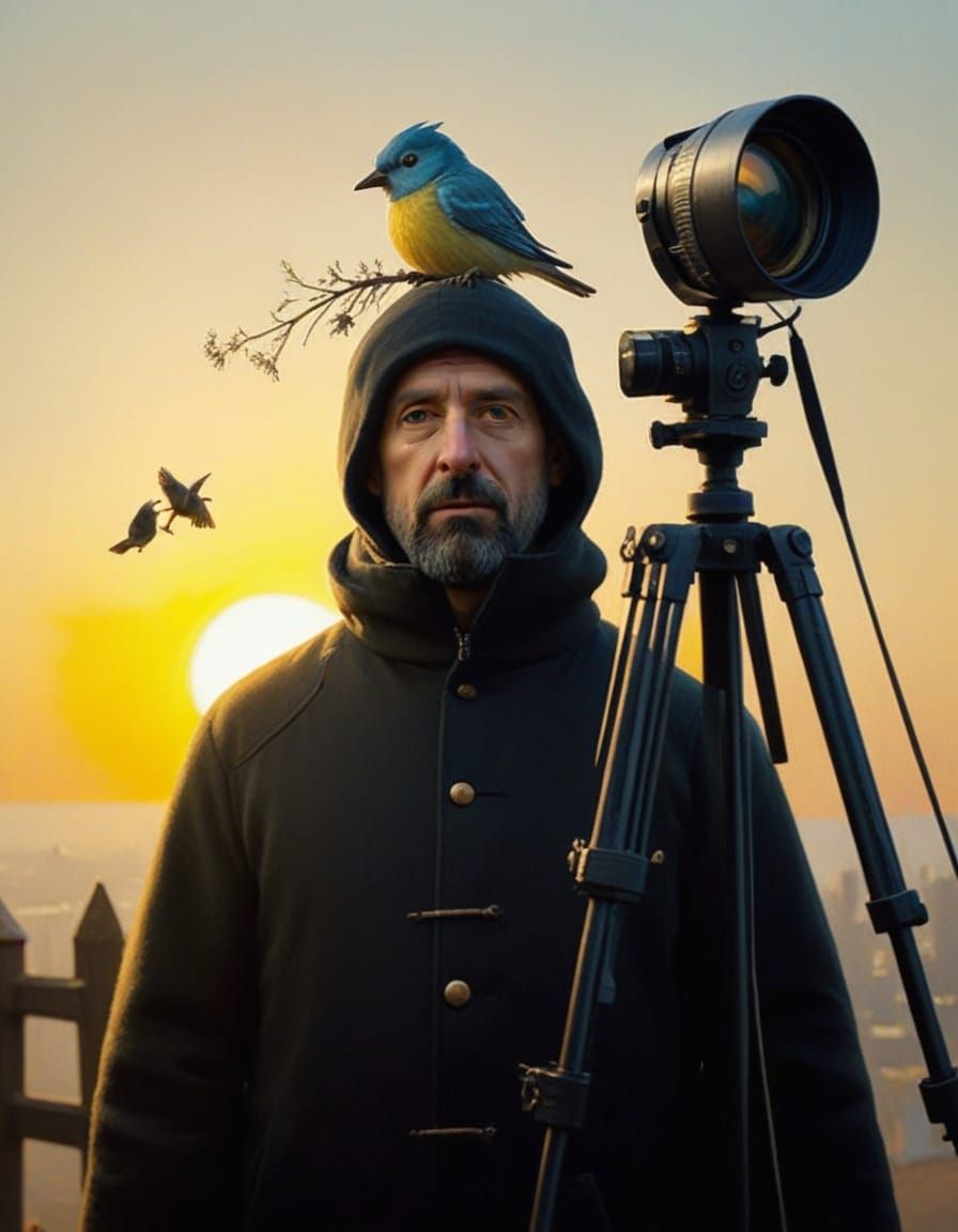 Humorous Photographer Bird Portrait in Surreal Style
