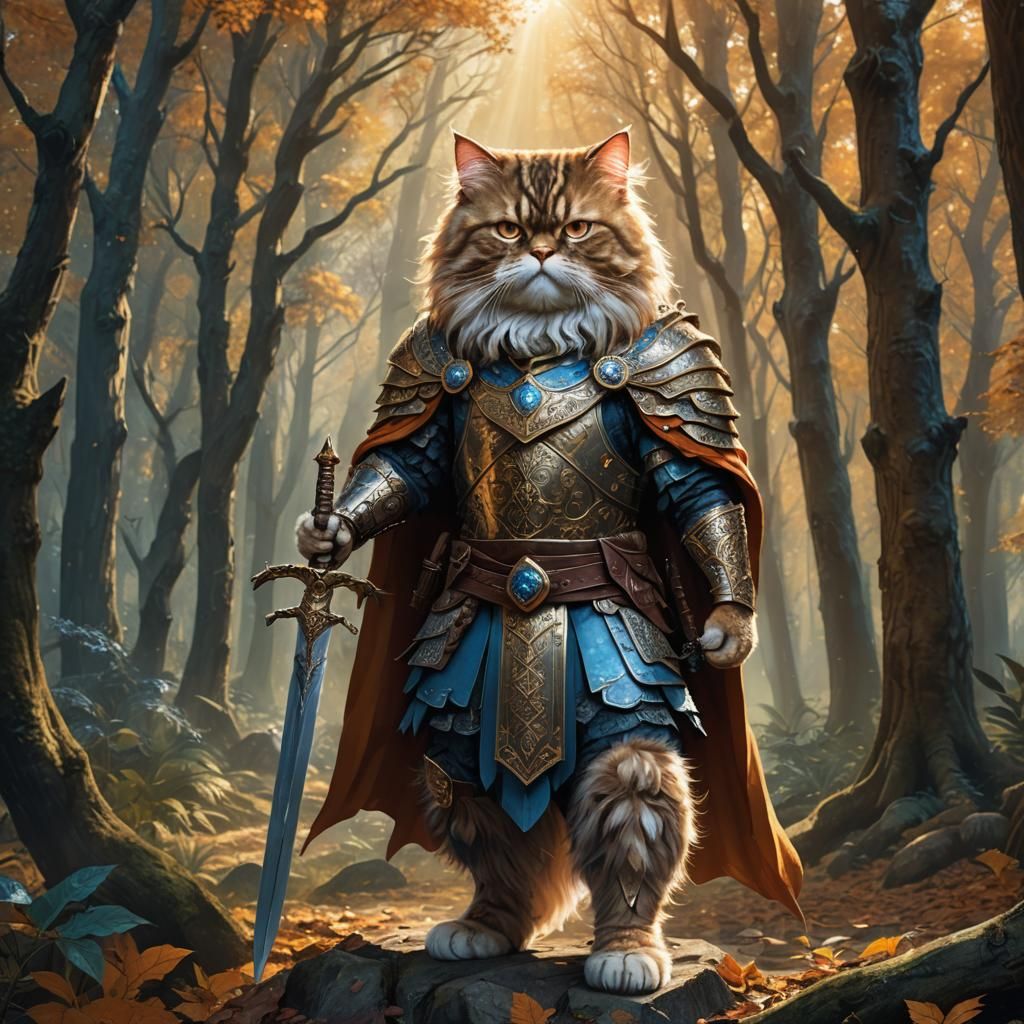 Persian Cat Barbarian in Mystical Forest