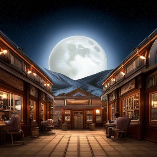 Cozy Night Cafe with Mountain View in Fantasy Art