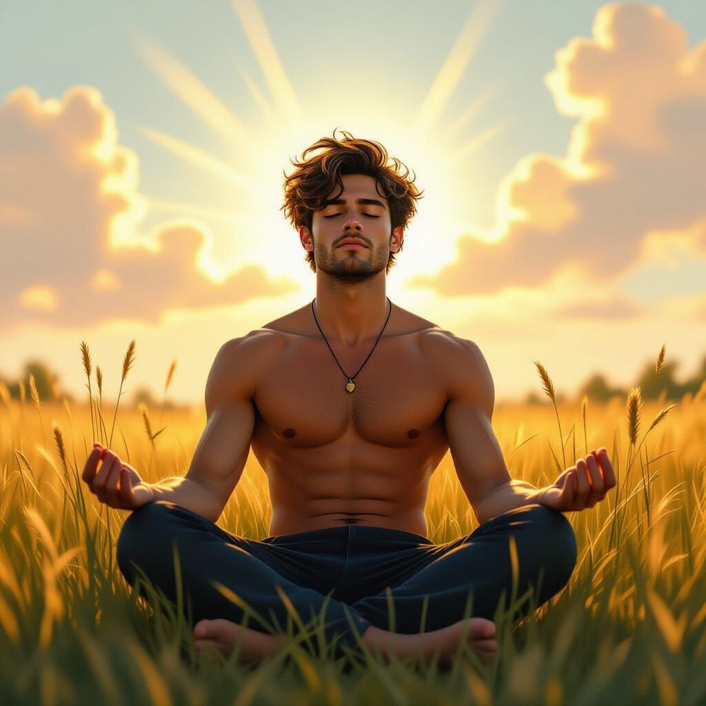 Man Meditating in Ethereal Field at Golden Hour