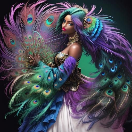 Rainbow Woman with Peacock Feathers: Hyperrealistic Art