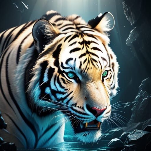 White Tiger in Water: Fractured Art with Dramatic Lighting