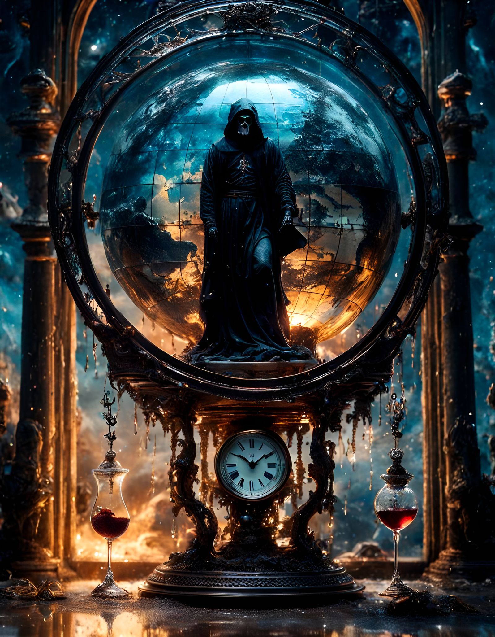 Death Controls Time in Macabre Glass Clock