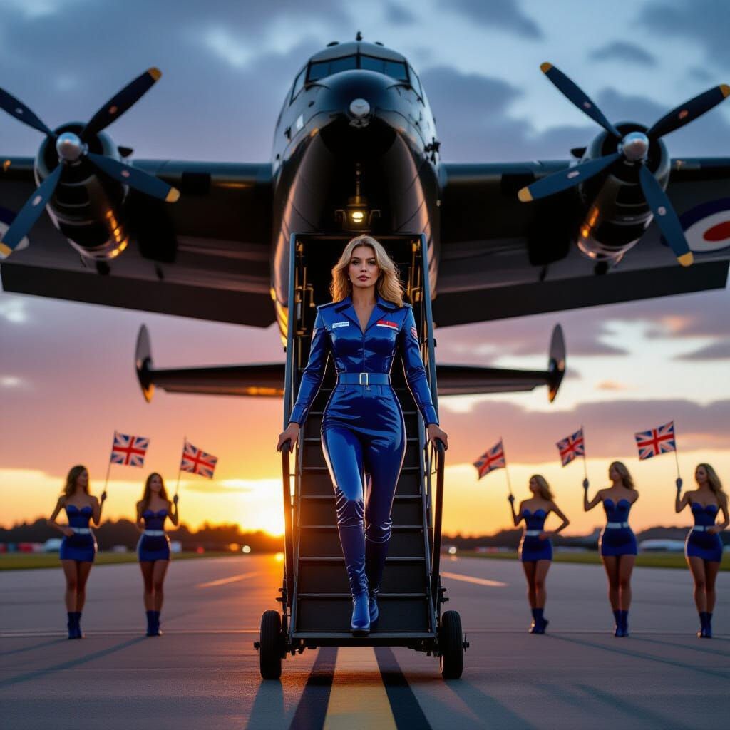 Lancaster Bomber Lands at Sunrise with Woman in PVC Suit