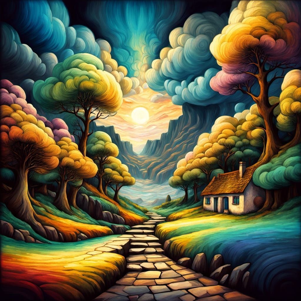 Impressionist Landscape with Thatched Cottage and Pine Tree