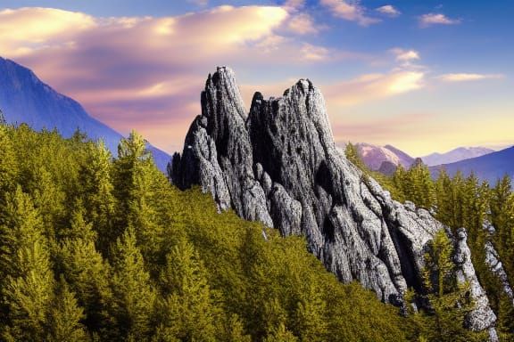 Fantasy Landscape with Stone Fortress and Pine Forest