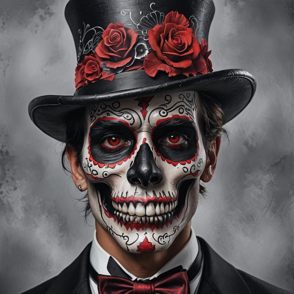 Day of the Dead Skull Face Paint, Hyperrealistic Close-Up