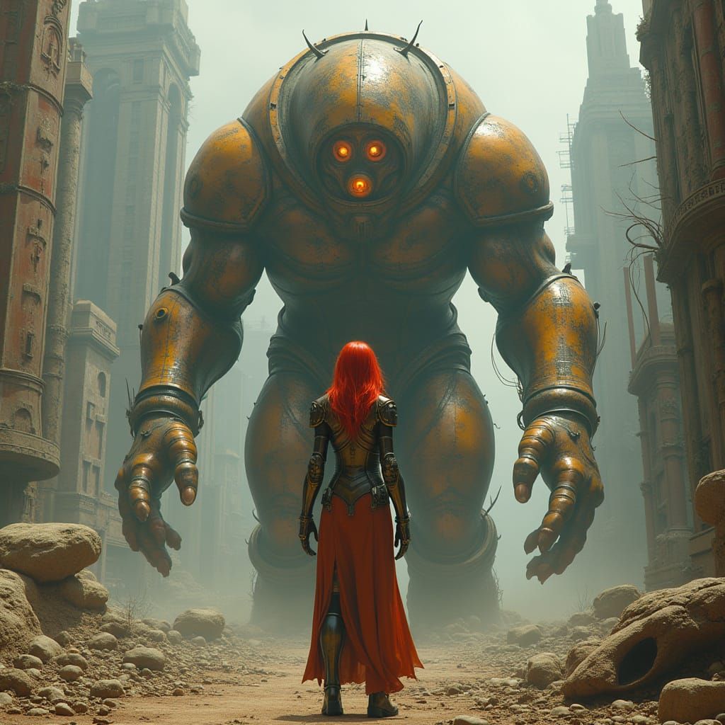 Cyberpunk Figure Confronts Brass Troll in Deco Ruins