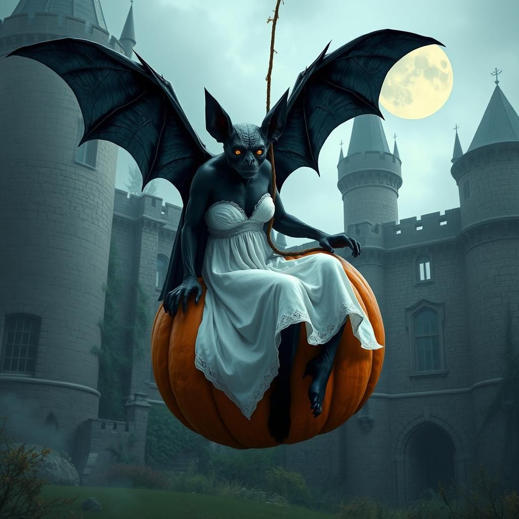 A Bat in White Dress on Pumpkin Swing