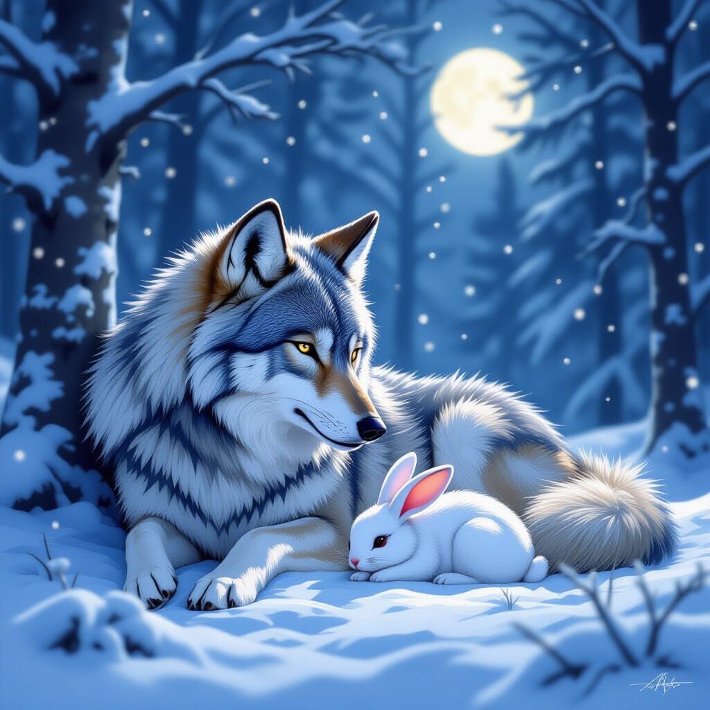 Wolf and Rabbit in Snowy Forest Under Moonlight