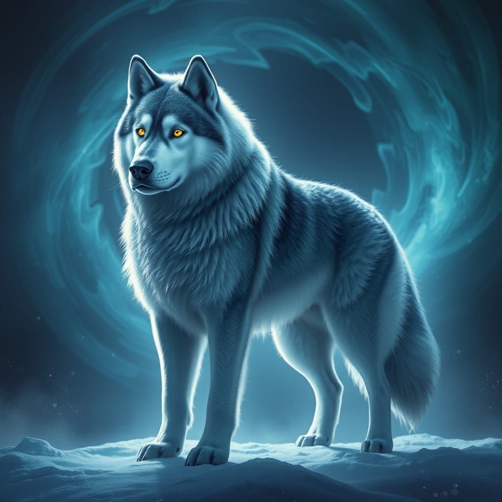 Icy Blue Husky in Ethereal Fantasy Landscape