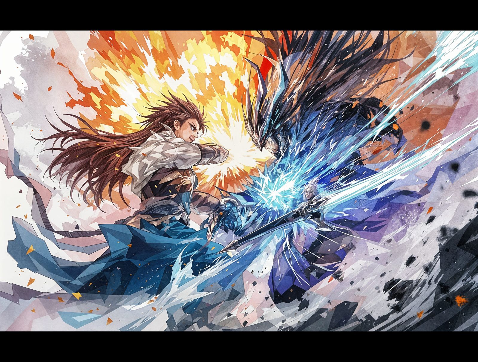 Anime Villain Showdown in Dynamic Watercolor Style