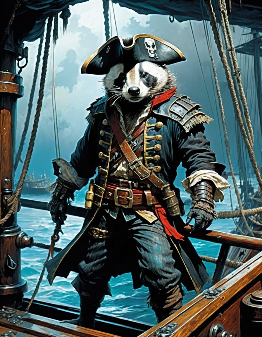 Pirate Badger on Ship in Abstract Realist Style